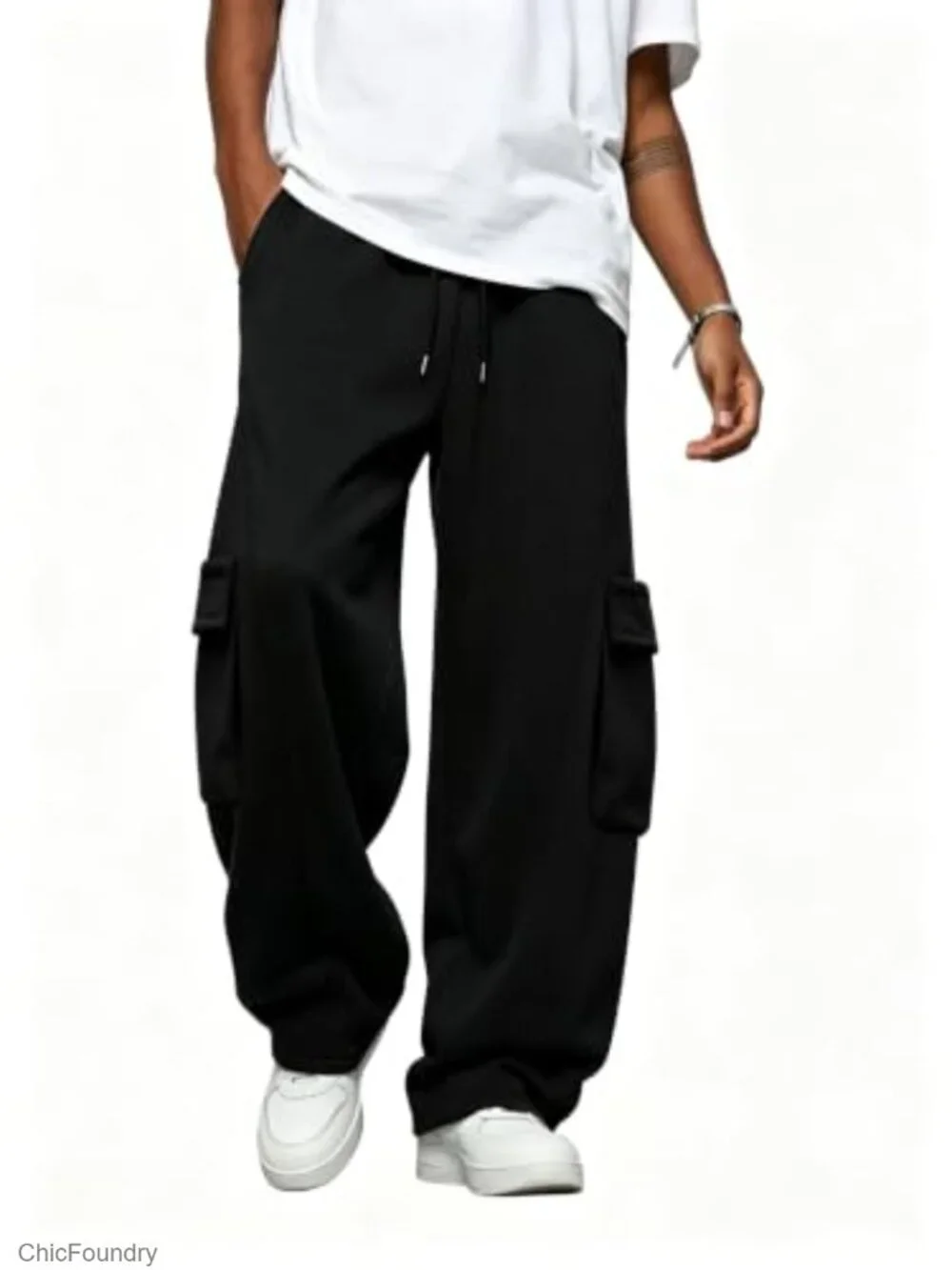 Men's Baggy Sweatpants Heavyweight Fleece Cargo Pants Wide Leg Loose Fit